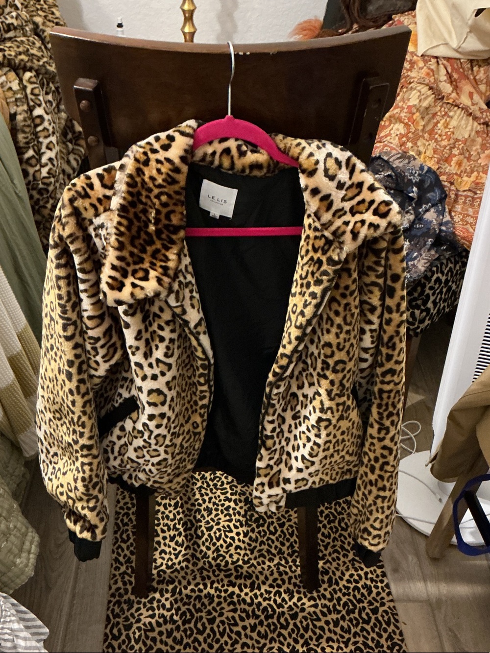 Le Lis Leopard Print Faux Fur Teddy Jacket in Tan and Black